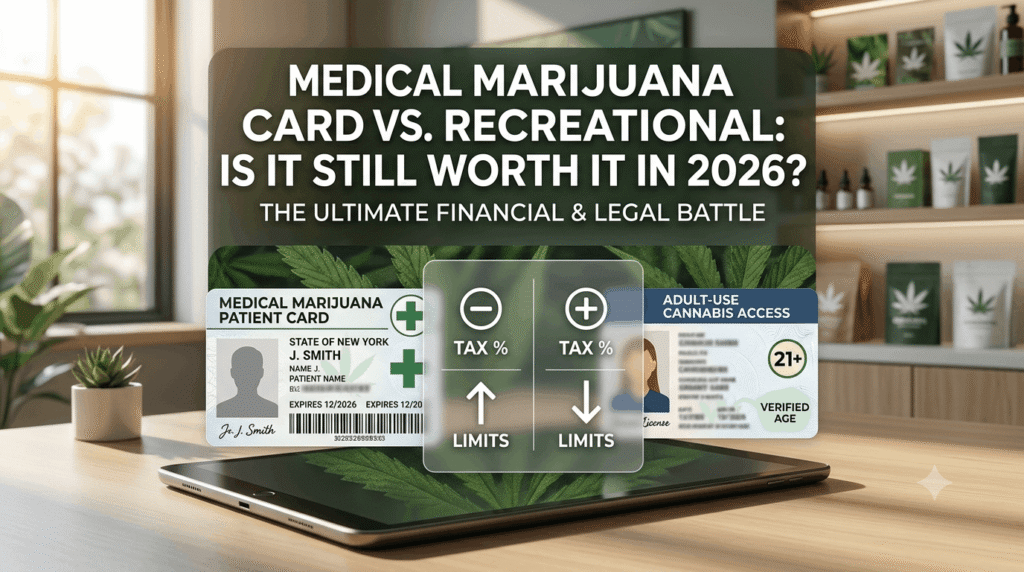 Compare medical marijuana card vs recreational cannabis in 2026. Learn about tax savings, possession limits, legal protections, and patient benefits.