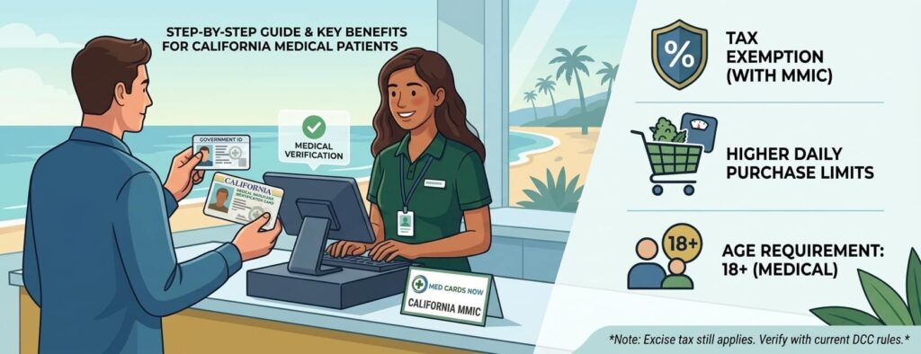 Learn how to use your California medical marijuana card at a dispensary, including ID requirements, MMIC tax benefits, purchase limits, and California cannabis rules.